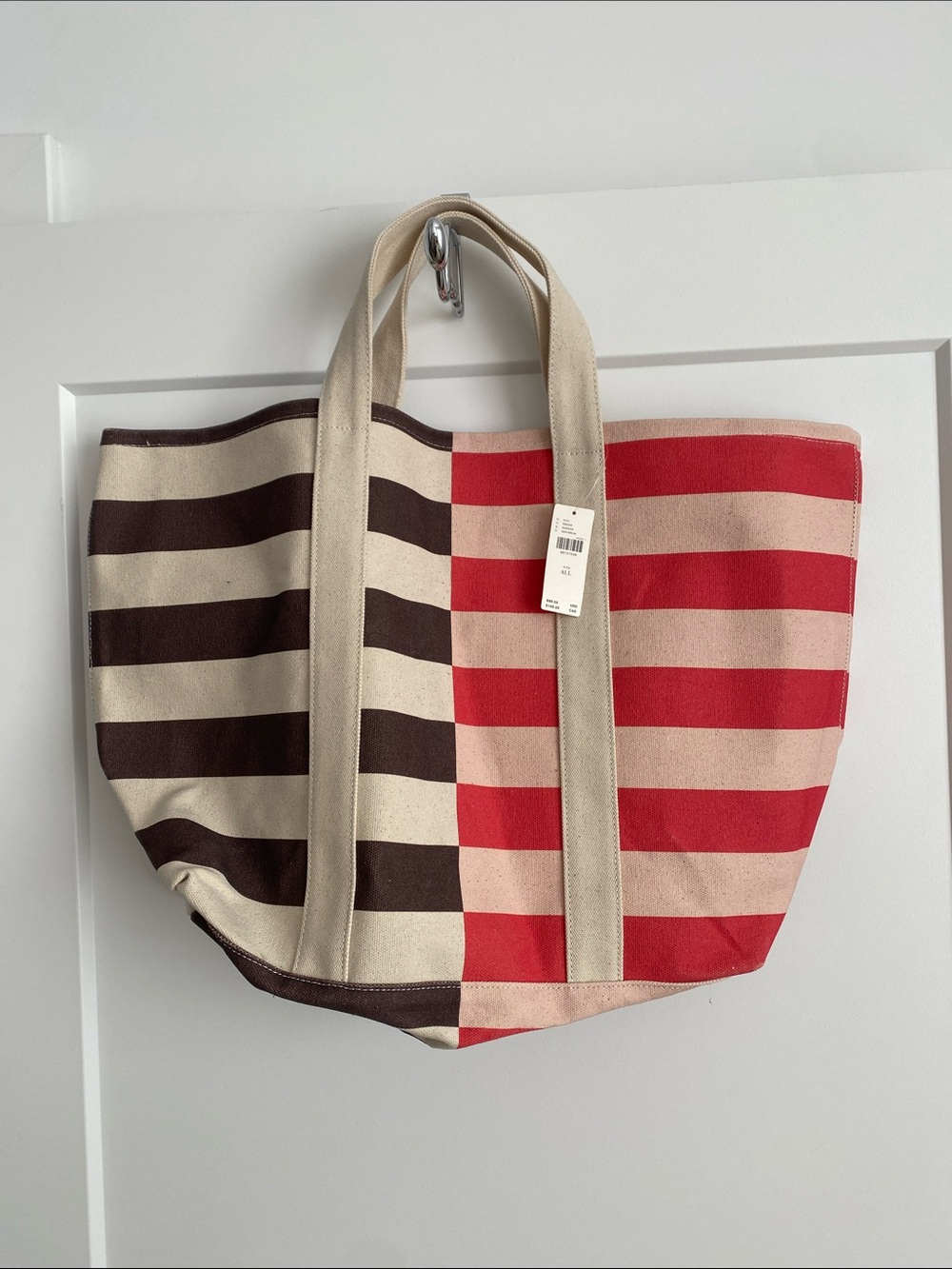 Anthropology- Striped Canvas Tote Bag in Red, Brown and Cream